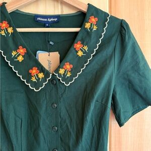 Princess Highway Green Embroidered Collar Dress Organic Cotton NWT (4 US- 8 UK)